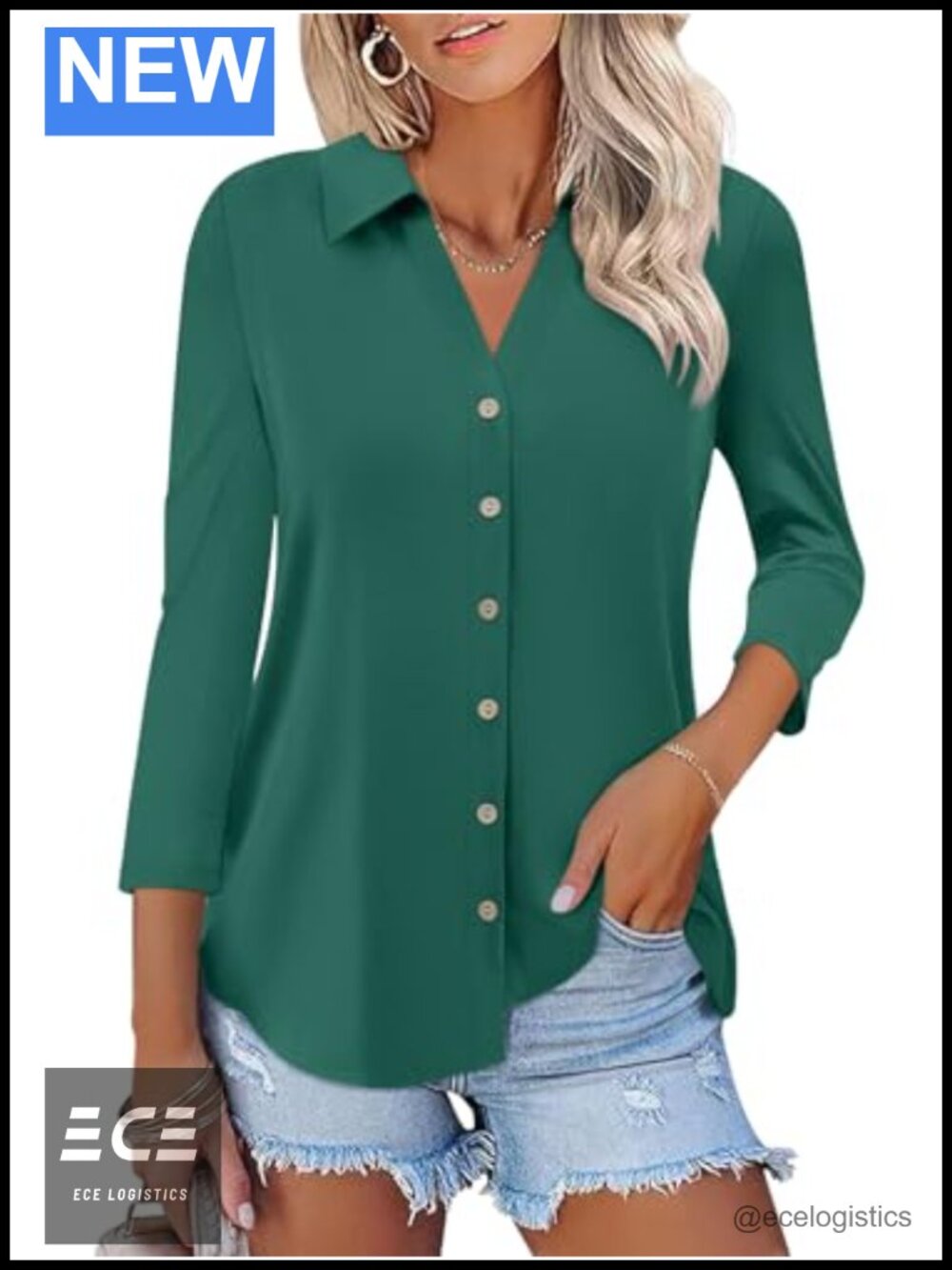 Womens Button Down Shirt 3/4 Sleeve V Neck Dressy Casual Top